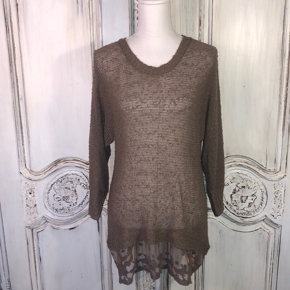 Iris Designed in LA  Taupe Open Weave Long Sleeve Lace Hem Tunic Sweater
